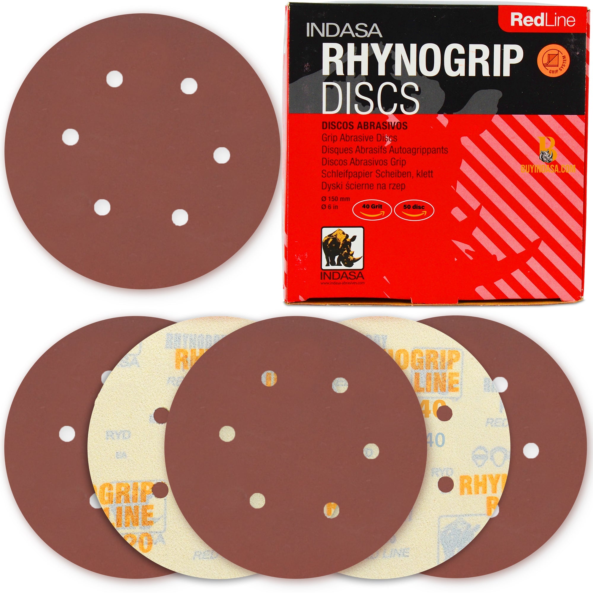 Indasa Rhynogrip RedLine 6" 6-Hole Vacuum Sanding Discs, 630 Series